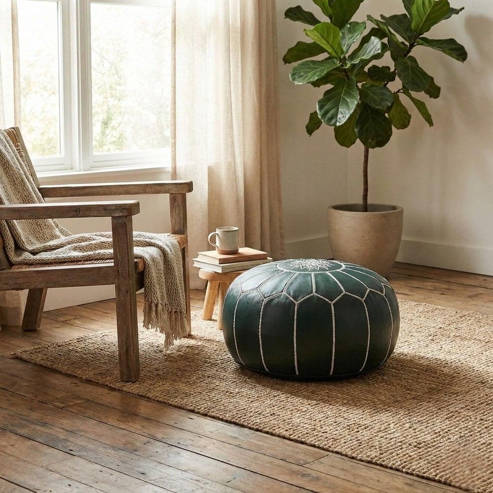 Leather Pouf Cover - Moroccan Ottoman Footstool - Round Boho Floor Cushion - Genuine Leather Nursery Decor