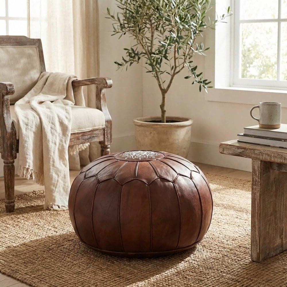 Leather Pouf Cover - Moroccan Ottoman Footstool - Round Boho Floor Cushion - Genuine Leather Nursery Decor