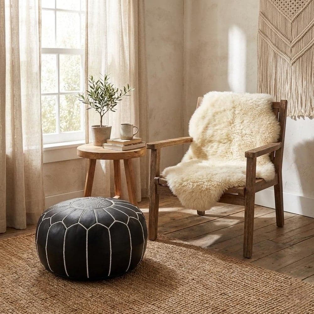 Leather Pouf Cover - Moroccan Ottoman Footstool - Round Boho Floor Cushion - Genuine Leather Nursery Decor