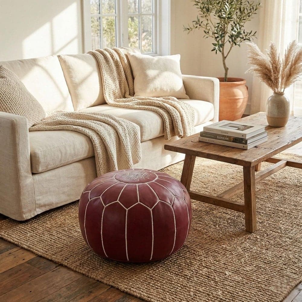 Leather Pouf Cover - Moroccan Ottoman Footstool - Round Boho Floor Cushion - Genuine Leather Nursery Decor
