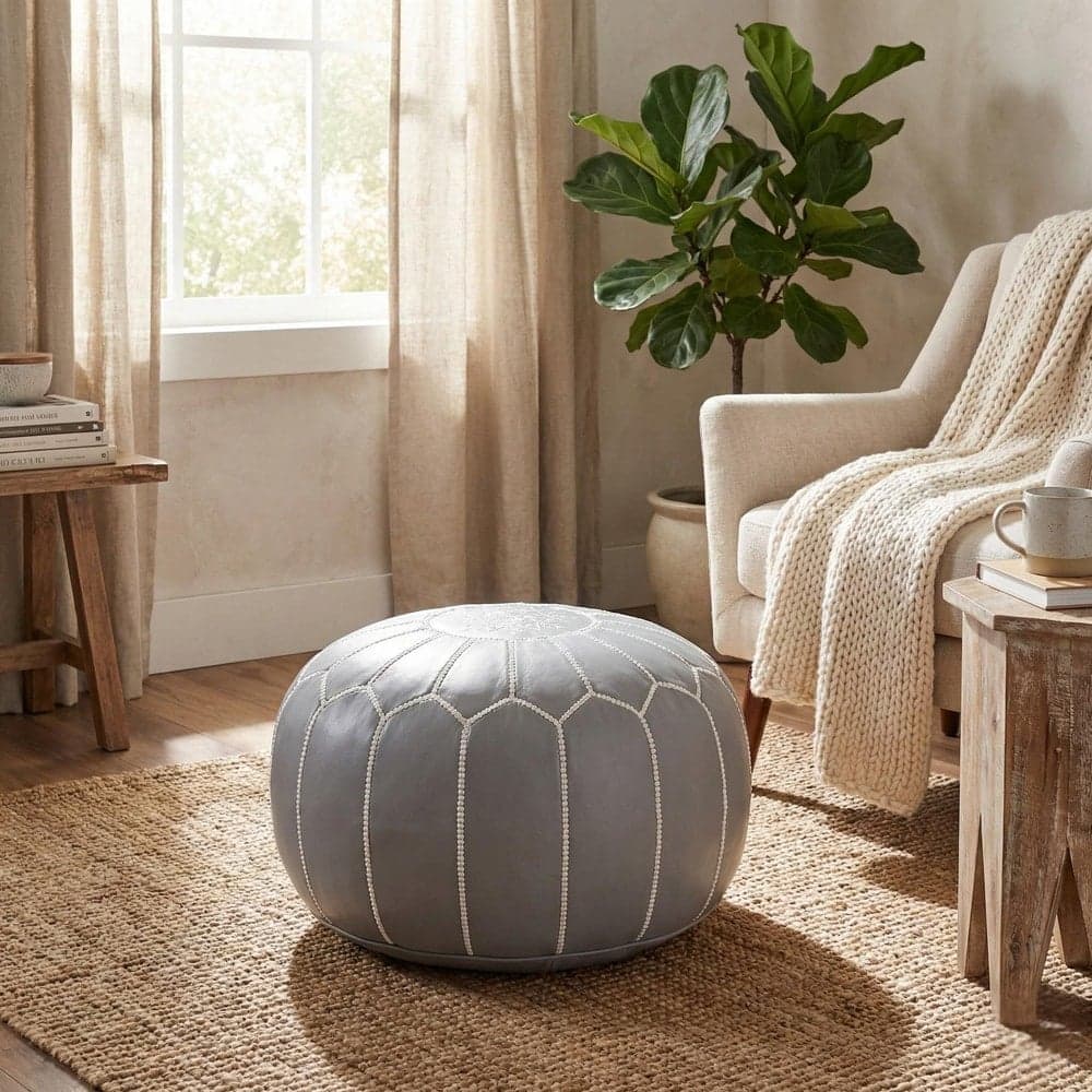Leather Pouf Cover - Moroccan Ottoman Footstool - Round Boho Floor Cushion - Genuine Leather Nursery Decor