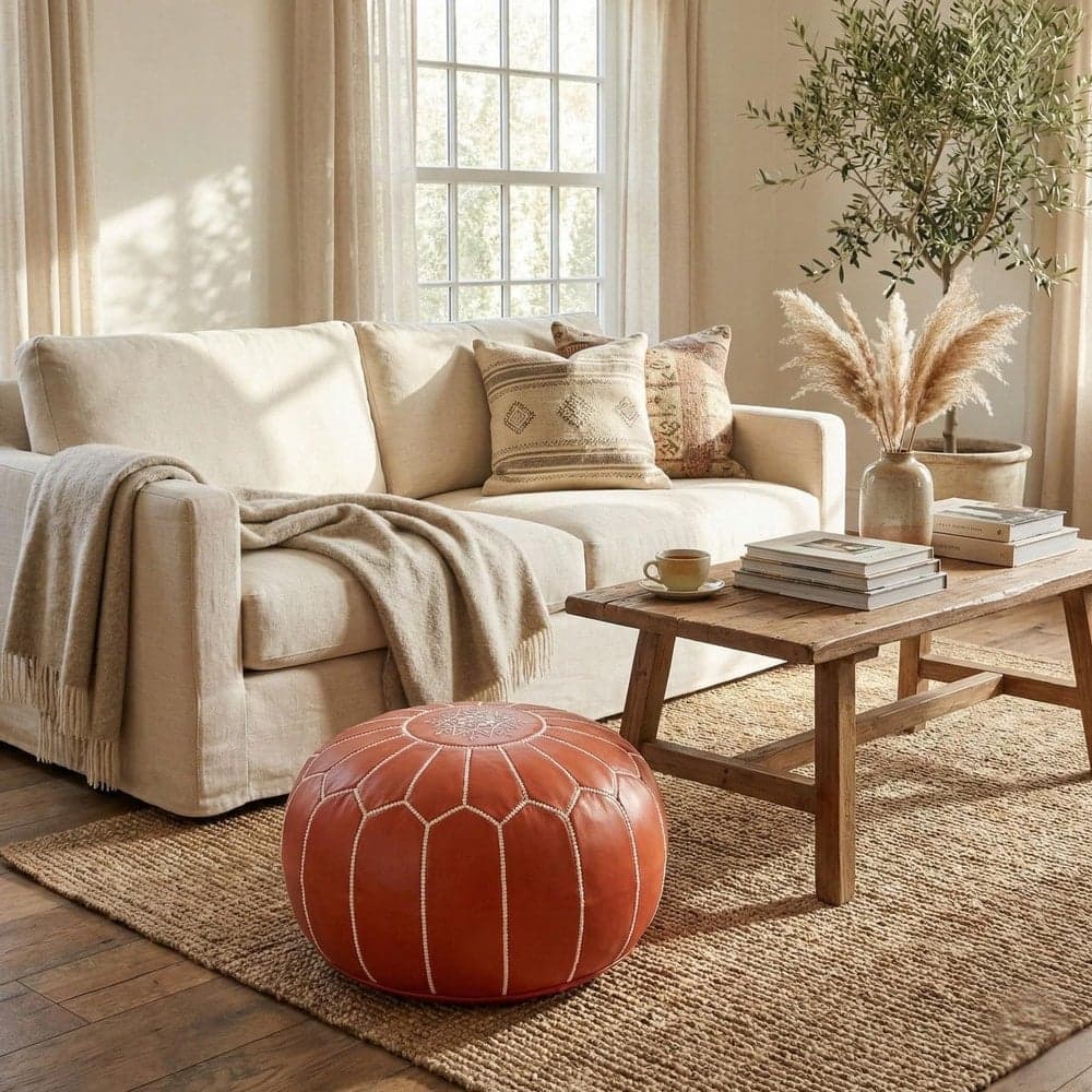 Leather Pouf Cover - Moroccan Ottoman Footstool - Round Boho Floor Cushion - Genuine Leather Nursery Decor
