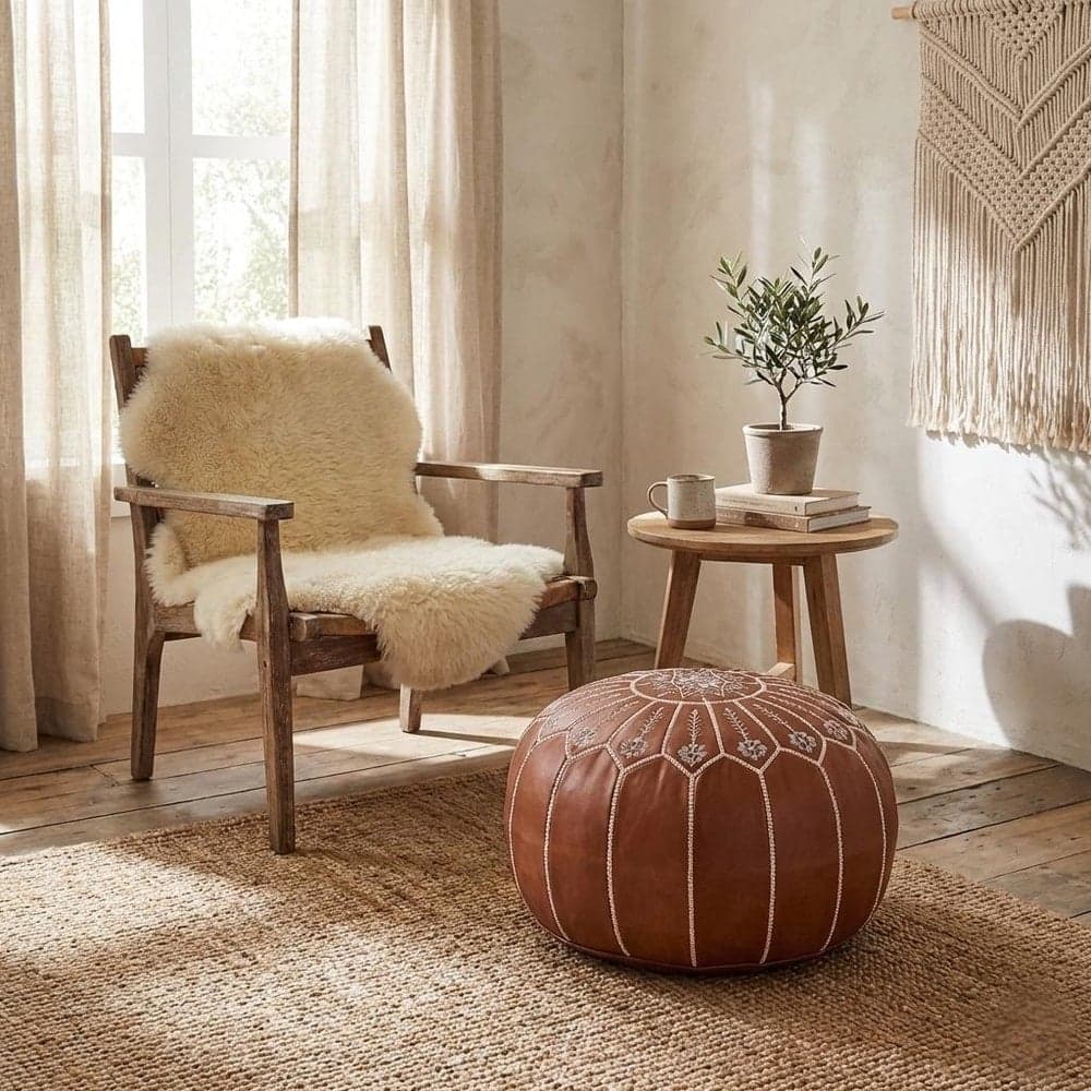 Leather Pouf Cover - Moroccan Ottoman Footstool - Round Boho Floor Cushion - Genuine Leather Nursery Decor