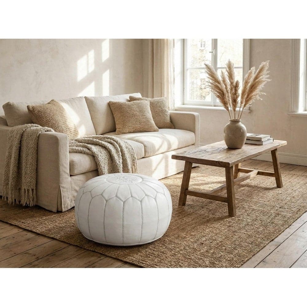 Leather Pouf Cover - Moroccan Ottoman Footstool - Round Boho Floor Cushion - Genuine Leather Nursery Decor