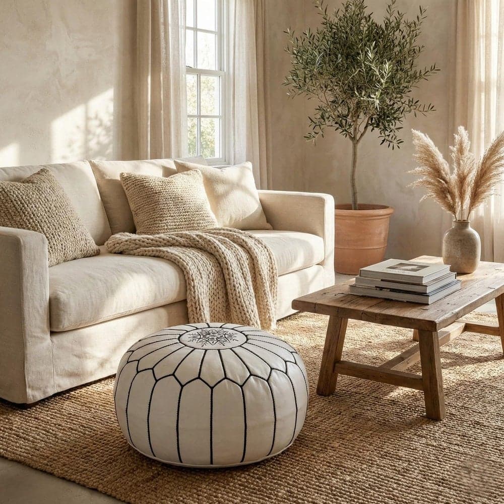 Leather Pouf Cover - Moroccan Ottoman Footstool - Round Boho Floor Cushion - Genuine Leather Nursery Decor