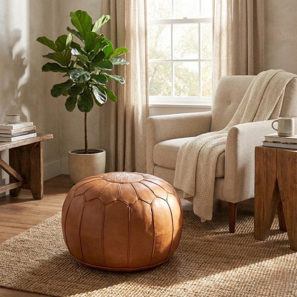 Leather Pouf Cover - Moroccan Ottoman Footstool - Round Boho Floor Cushion - Genuine Leather Nursery Decor