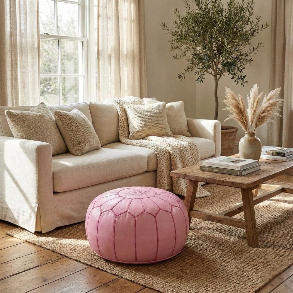 Leather Pouf Cover - Moroccan Ottoman Footstool - Round Boho Floor Cushion - Genuine Leather Nursery Decor