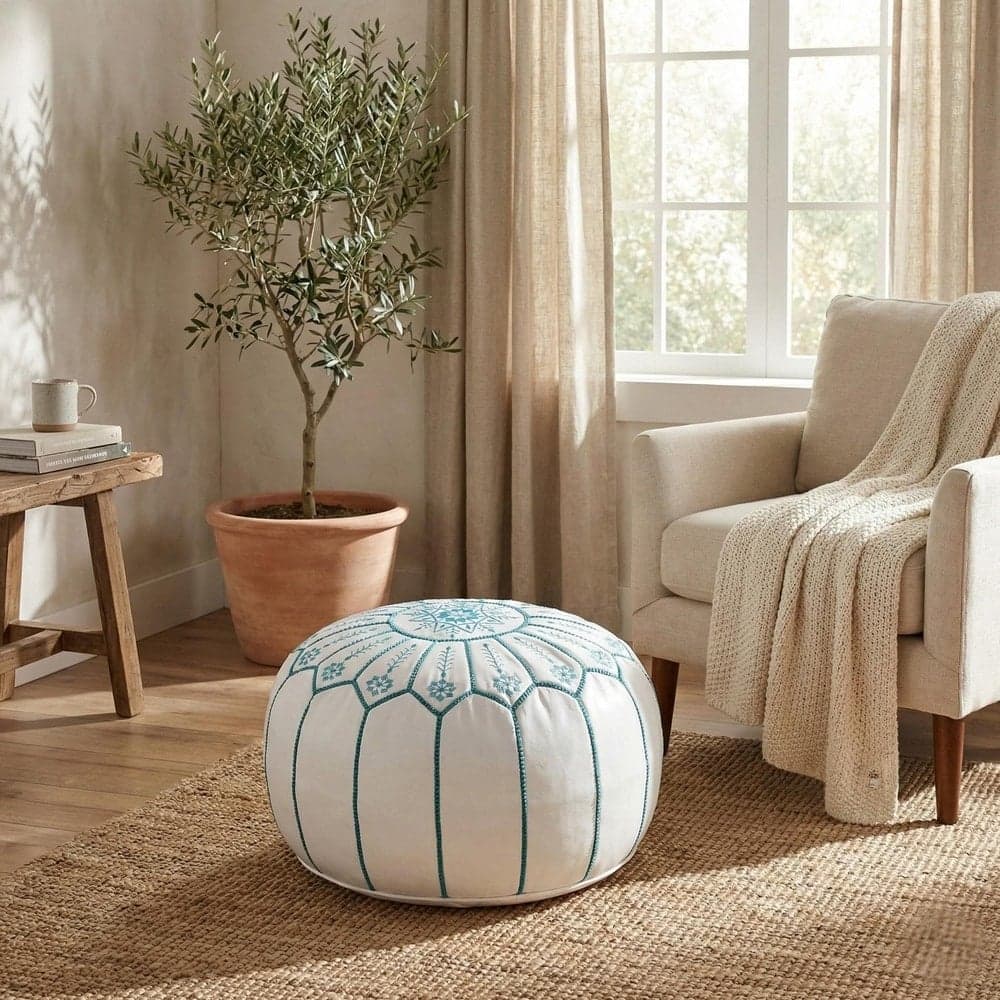 Leather Pouf Cover - Moroccan Ottoman Footstool - Round Boho Floor Cushion - Genuine Leather Nursery Decor