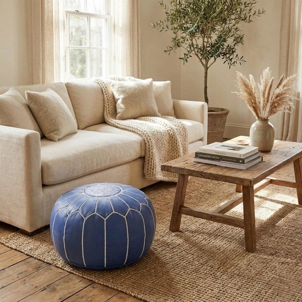 Leather Pouf Cover - Moroccan Ottoman Footstool - Round Boho Floor Cushion - Genuine Leather Nursery Decor