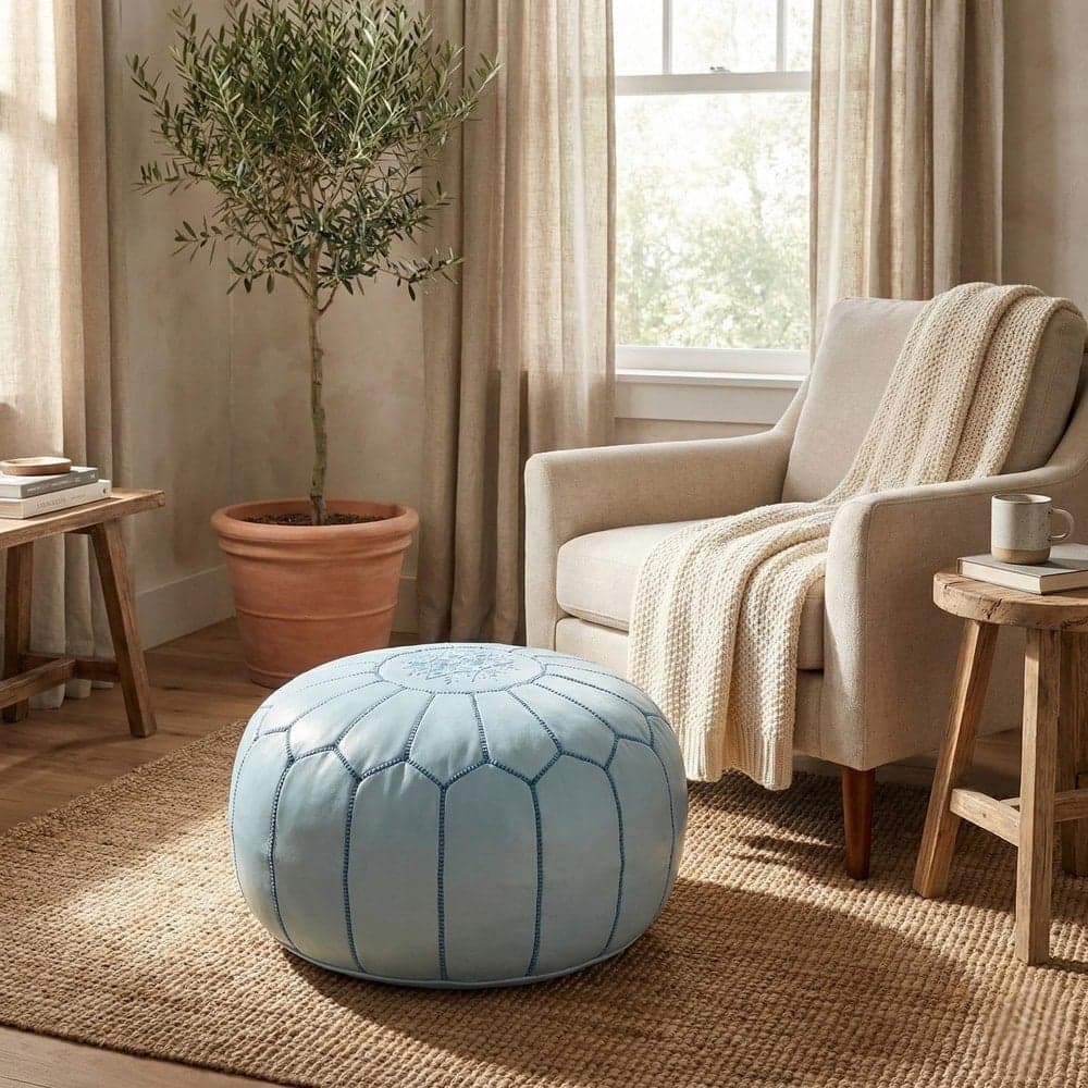 Leather Pouf Cover - Moroccan Ottoman Footstool - Round Boho Floor Cushion - Genuine Leather Nursery Decor