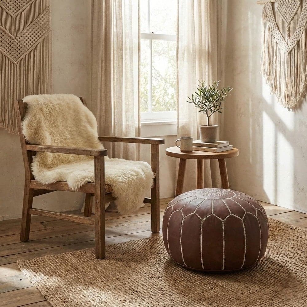 Leather Pouf Cover - Moroccan Ottoman Footstool - Round Boho Floor Cushion - Genuine Leather Nursery Decor