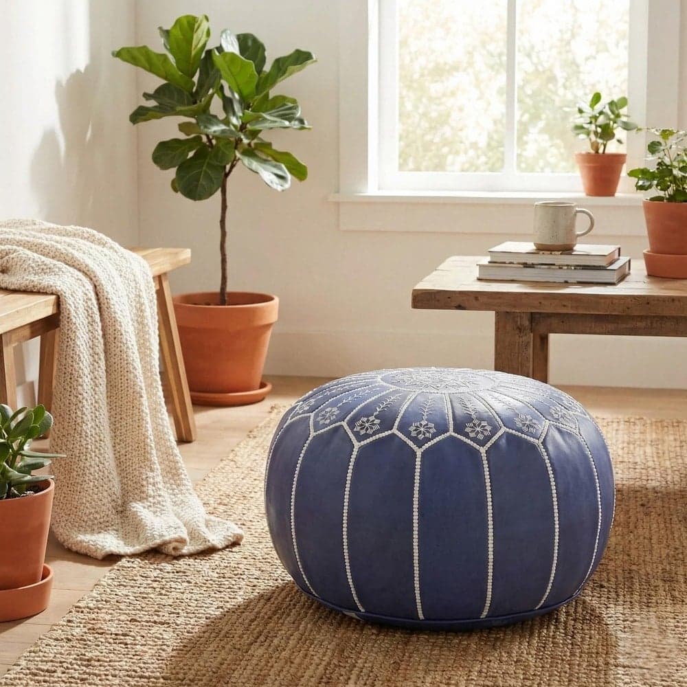 Leather Pouf Cover - Moroccan Ottoman Footstool - Round Boho Floor Cushion - Genuine Leather Nursery Decor