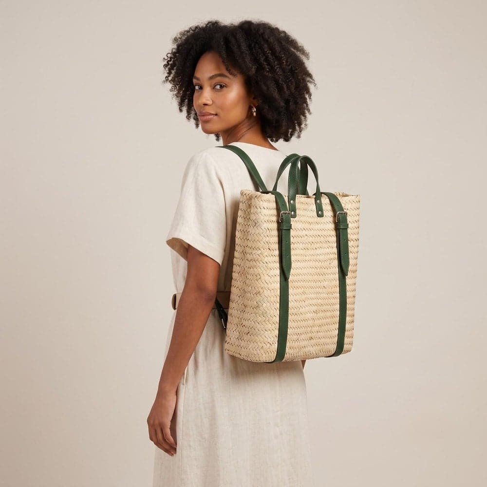 Straw Laptop Backpack with Leather Straps - Flat Woven Palm Tote Backpack