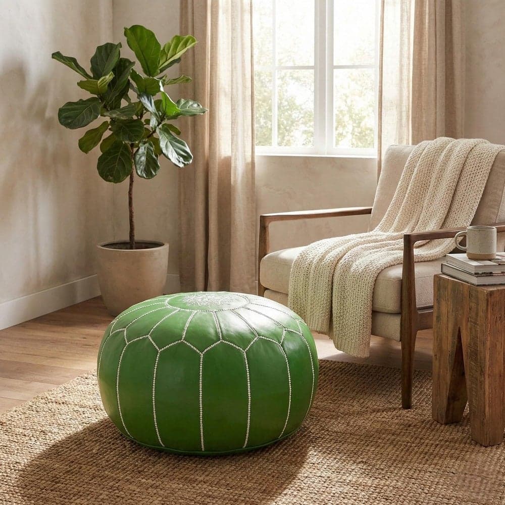 Leather Pouf Cover - Moroccan Ottoman Footstool - Round Boho Floor Cushion - Genuine Leather Nursery Decor