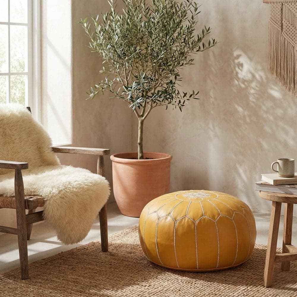 Leather Pouf Cover - Moroccan Ottoman Footstool - Round Boho Floor Cushion - Genuine Leather Nursery Decor