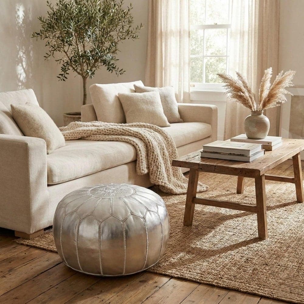 Leather Pouf Cover - Moroccan Ottoman Footstool - Round Boho Floor Cushion - Genuine Leather Nursery Decor