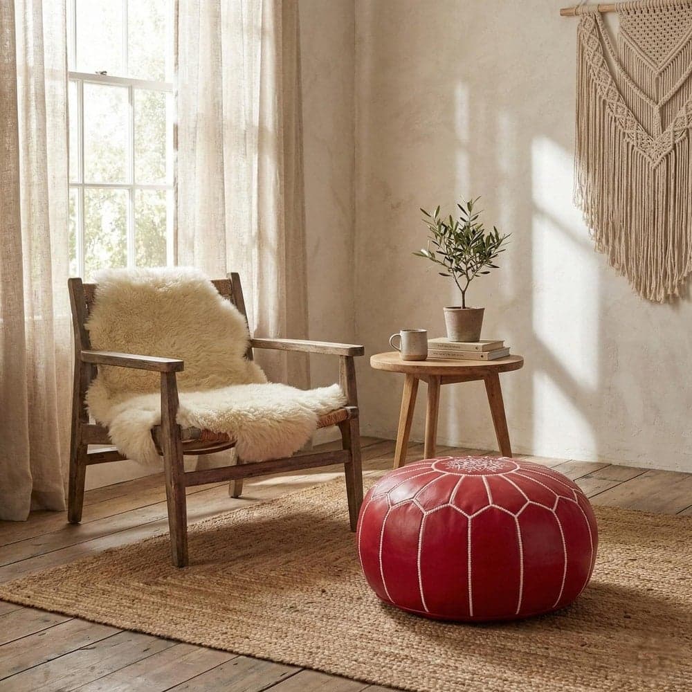Leather Pouf Cover - Moroccan Ottoman Footstool - Round Boho Floor Cushion - Genuine Leather Nursery Decor