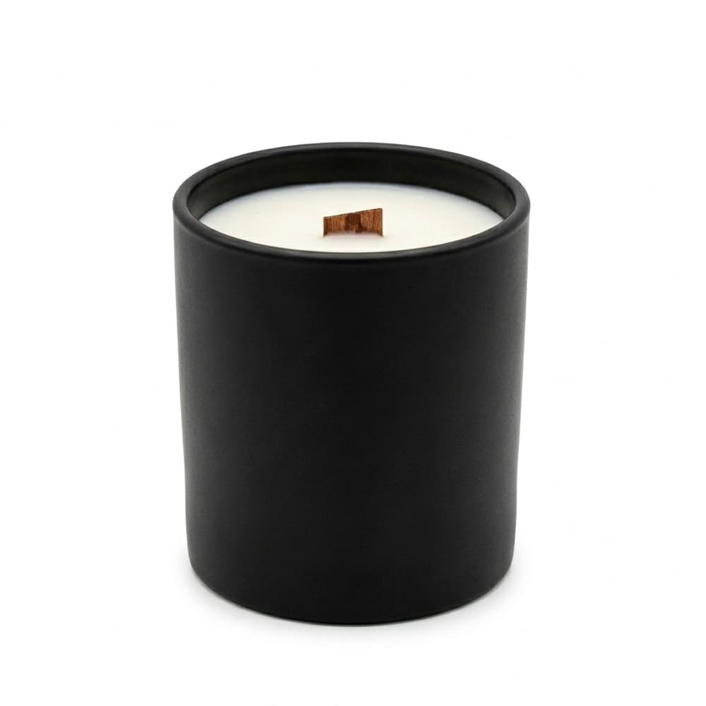 Handmade Coconut-Soy Wax Candle with Crackling Wooden Wick - 8oz Sandalwood, Cardamom & Vanilla in Matte Black Ceramic Jar