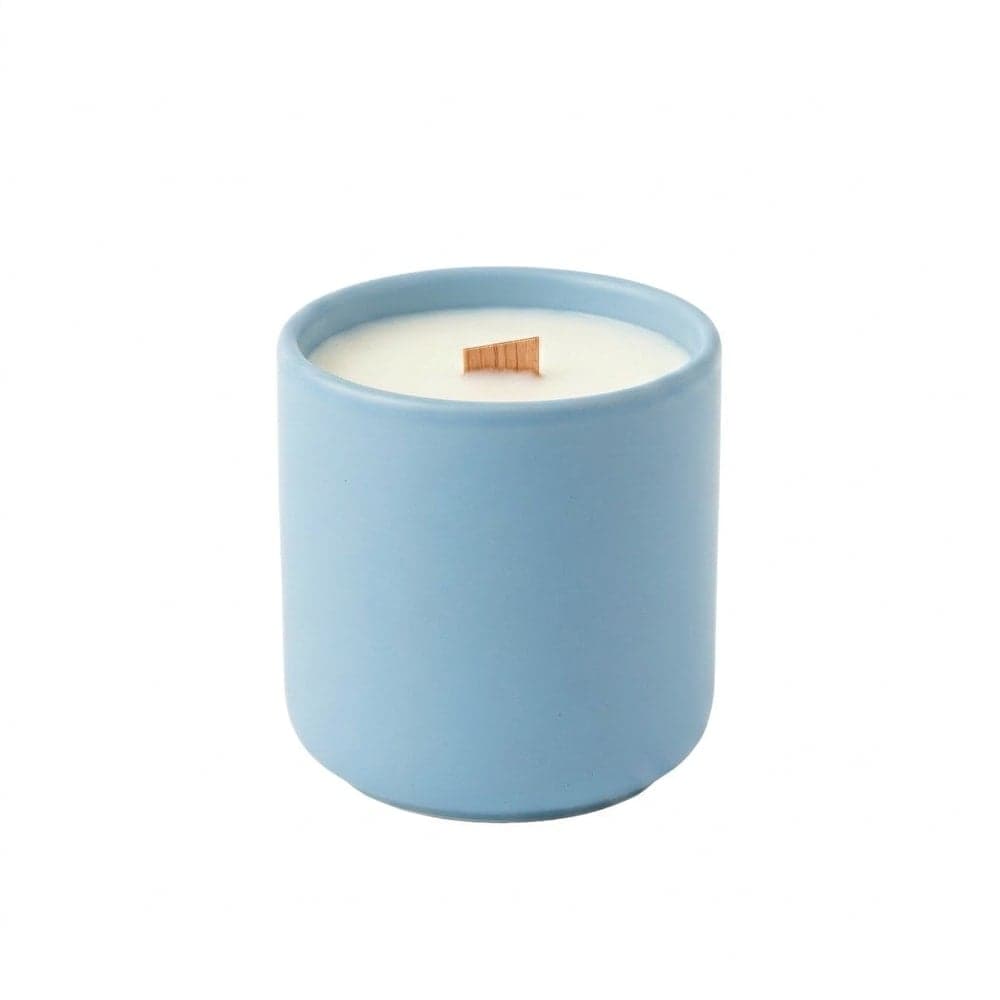 Minimalist Matte Light Blue Soy Wax Candle with Crackling Wood Wick - Sea Salt & Coastal Rain Scented - 8 oz Scented Candle