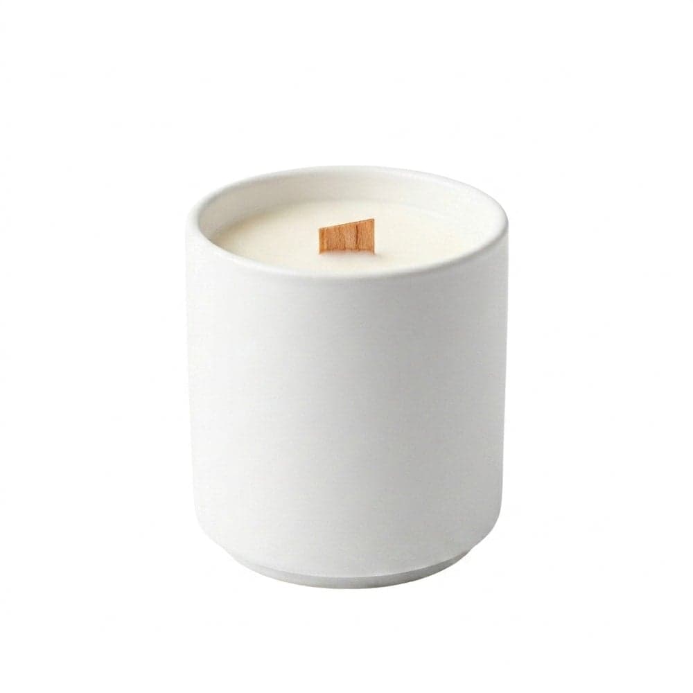 Handmade Soy Wax Candle with Crackling Wooden Wick - 8oz Lavender Sage & Amber Aromatherapy Blend in Matte White Ceramic Jar