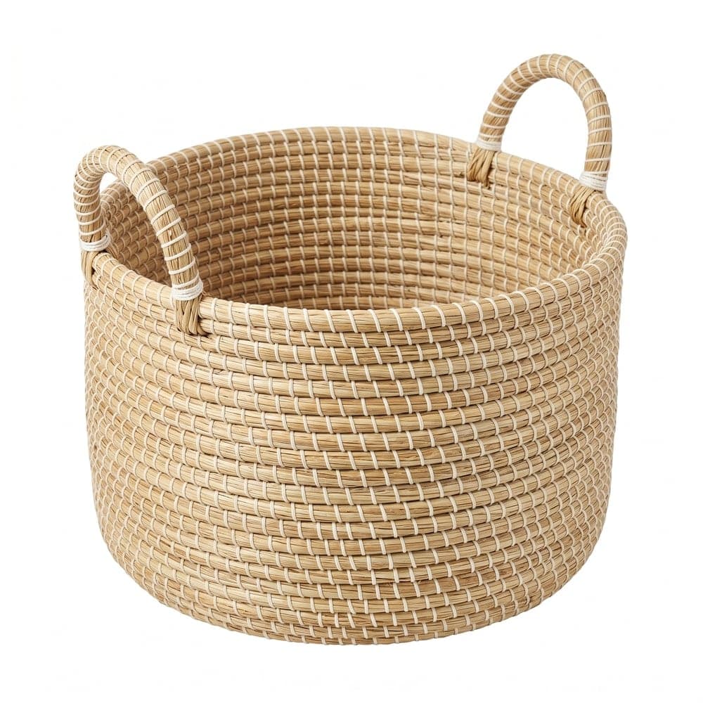 Artisanal Hand Woven Seagrass Storage Basket with Handles - Round Boho Toy Organizer and Planter Cover - 12x12x10 Inch
