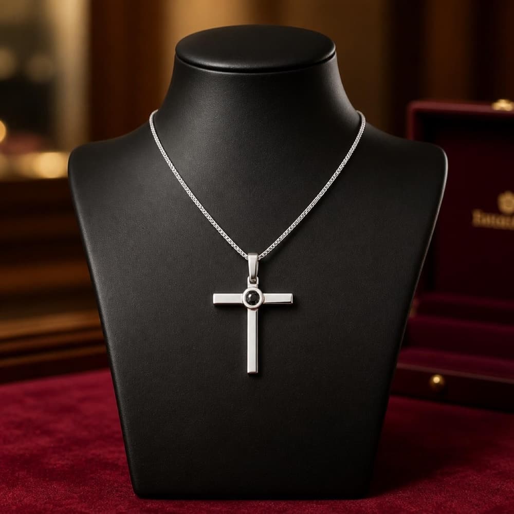 22 inches Cross Necklace with Black Moissanite Stone