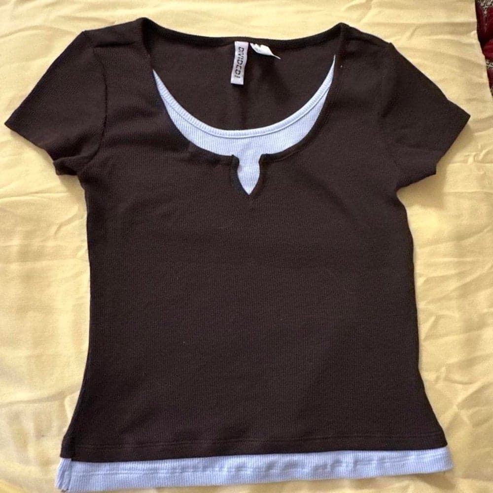 Brown and white layered crop top with white trim