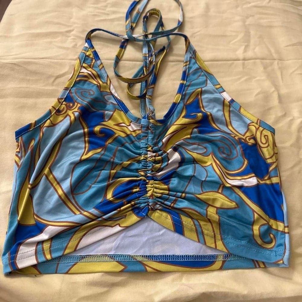 Blue and gold abstract swirl crop top #abstract #swirls
