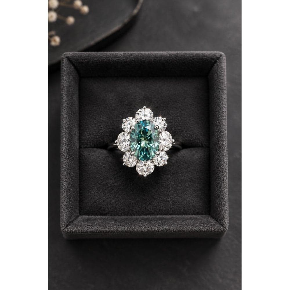 5 carat Green flower shaped Moissanite size 7 ring.