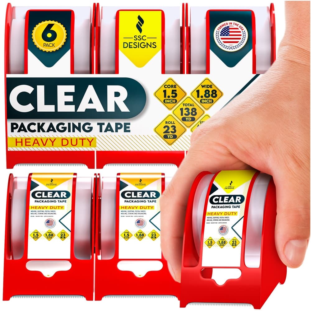 Packing Tape Clear, Shipping and Mailing, Heavy duty Packaging Supplies, 1.89 in. x 23 yd., 1.5" Core, with Dispenser, 6 Count