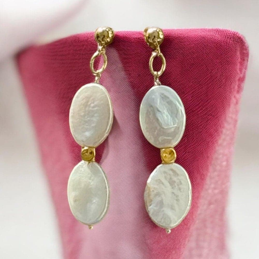 Oval Pearl and Gold Drop Earrings