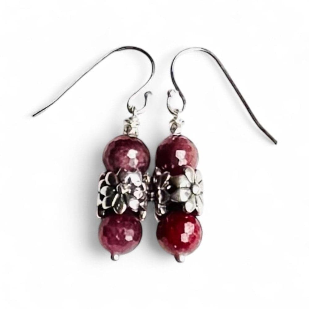 Ruby and Sterling Silver Floral Earrings