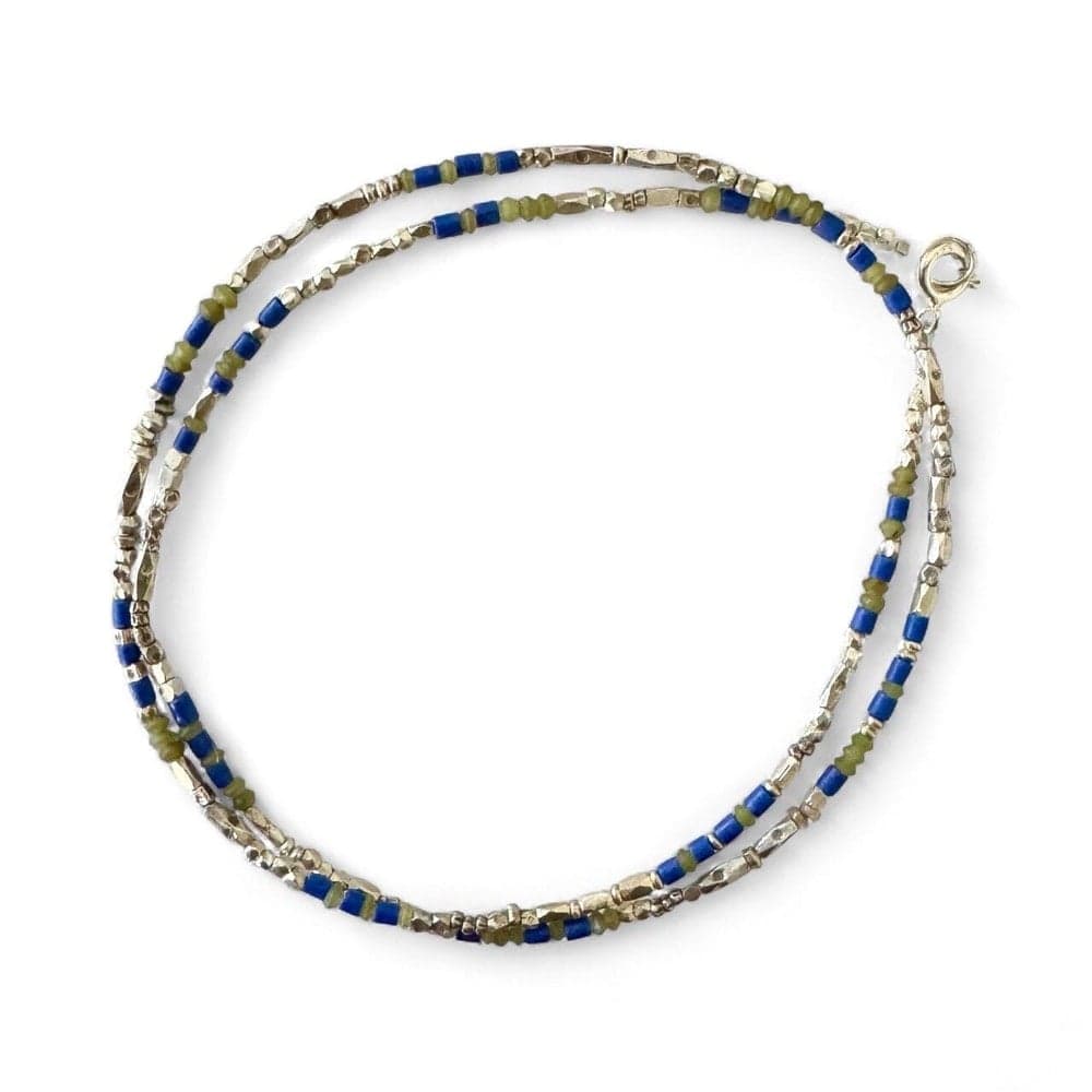Karen Hill Tribe Silver Necklace With Lapis and Green Stone