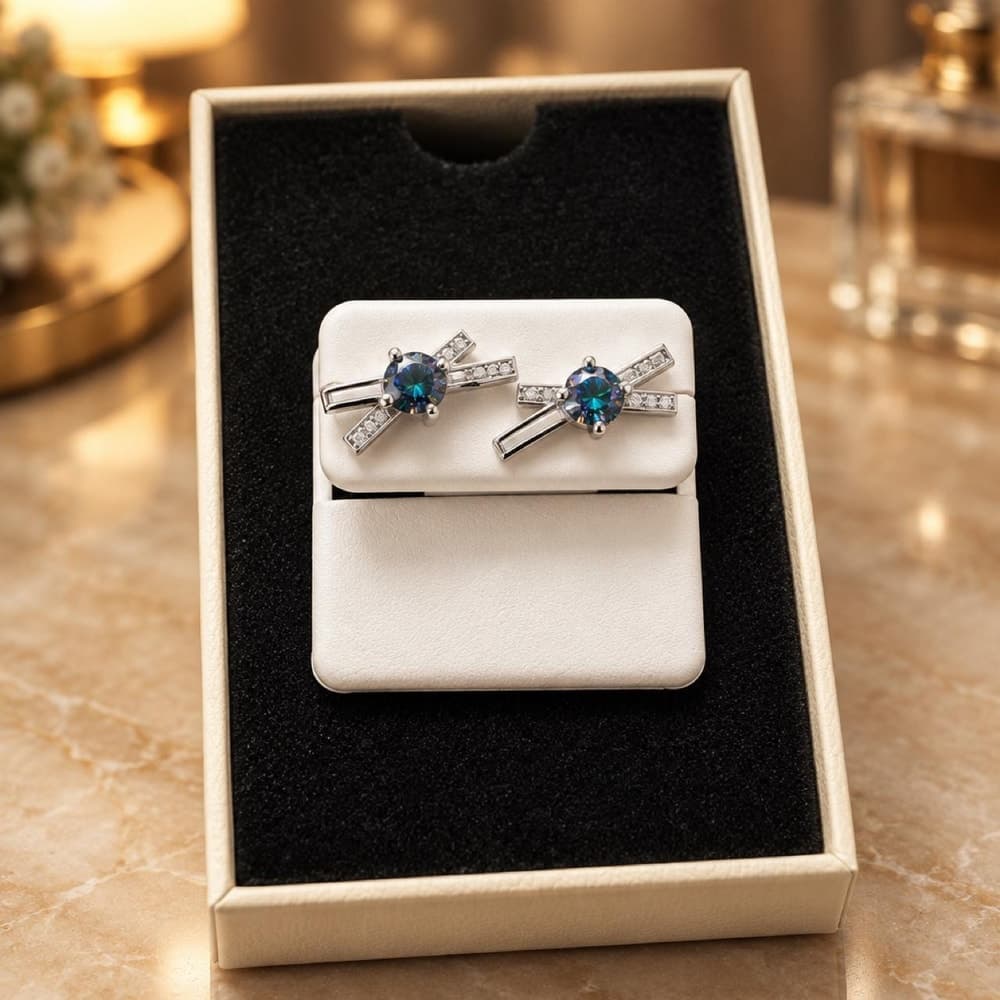 Blue & silver cufflinks with Moissanite accents and