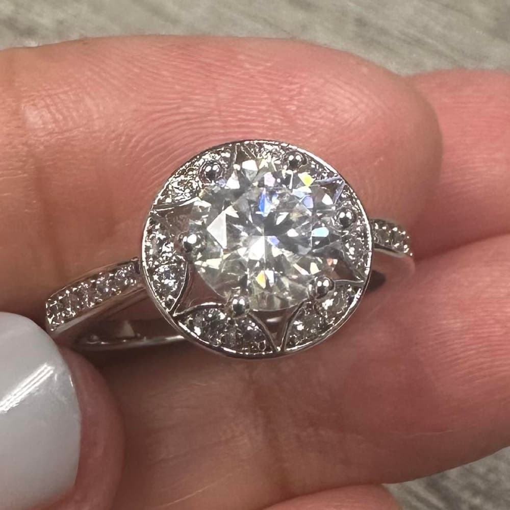 White Moissanite Engagement Ring with Round Center